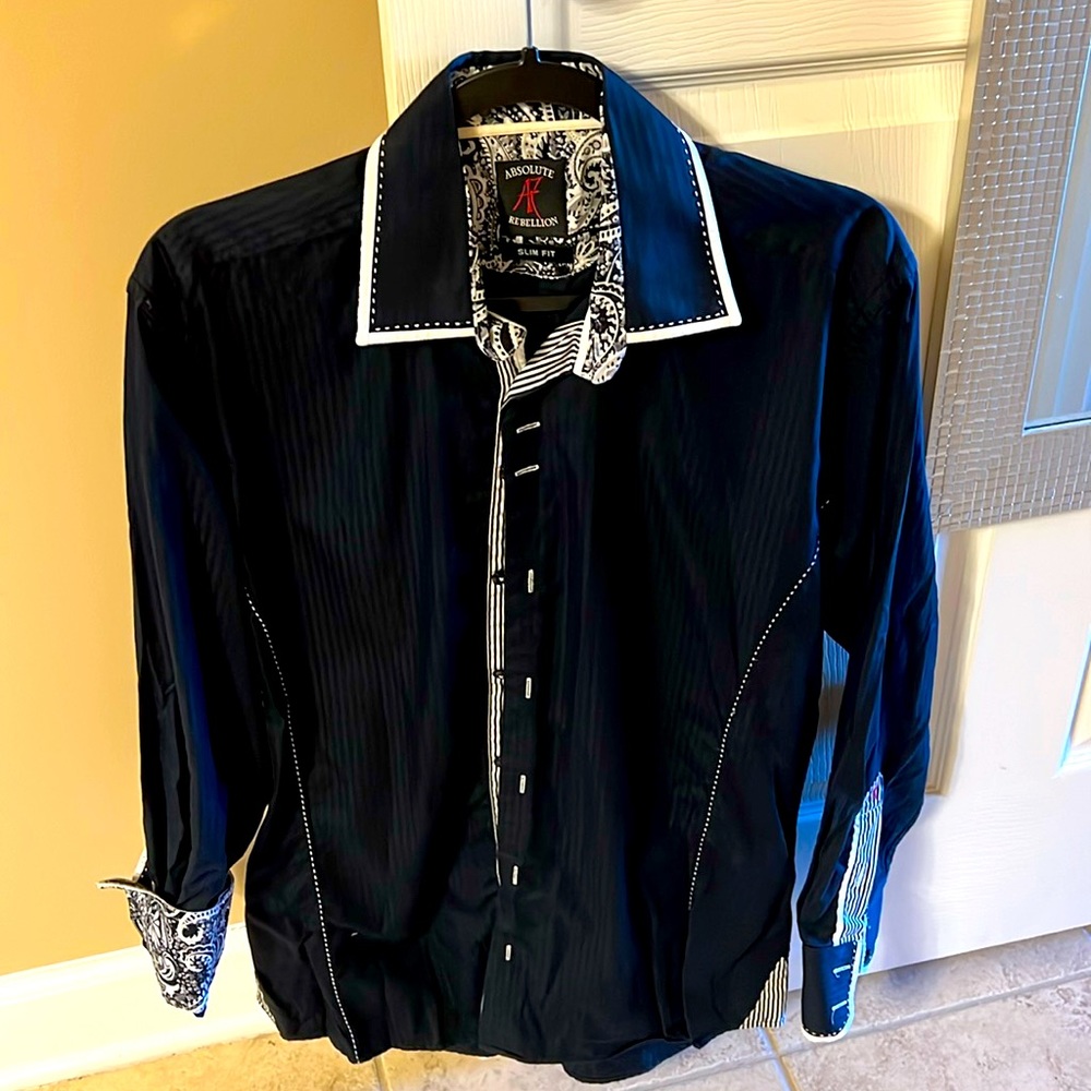 Stylish black button-down, long sleeve dress shirt.